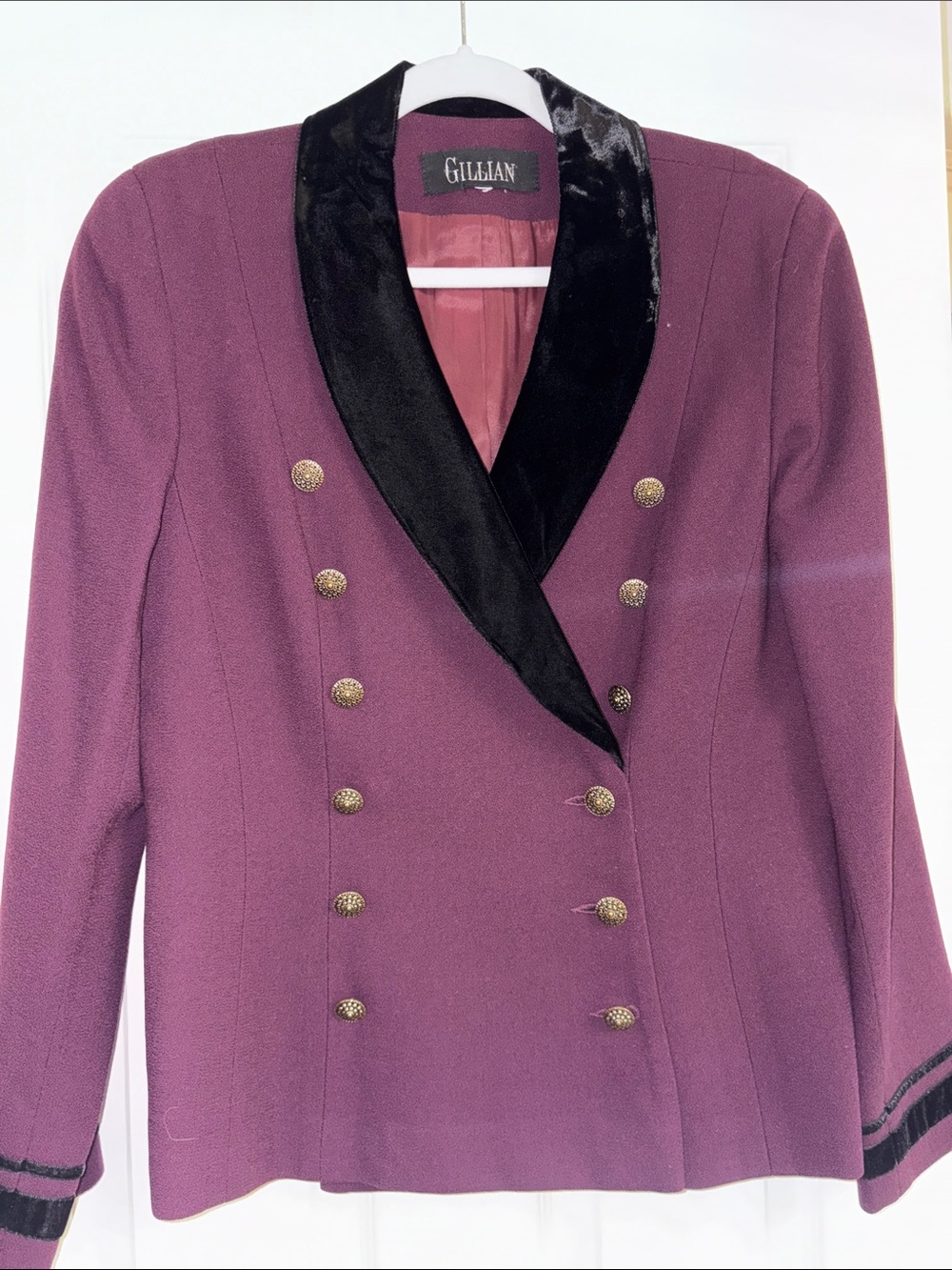 Gillia Plum Double-Breasted Blazer with Black Velvet Shawl Collar